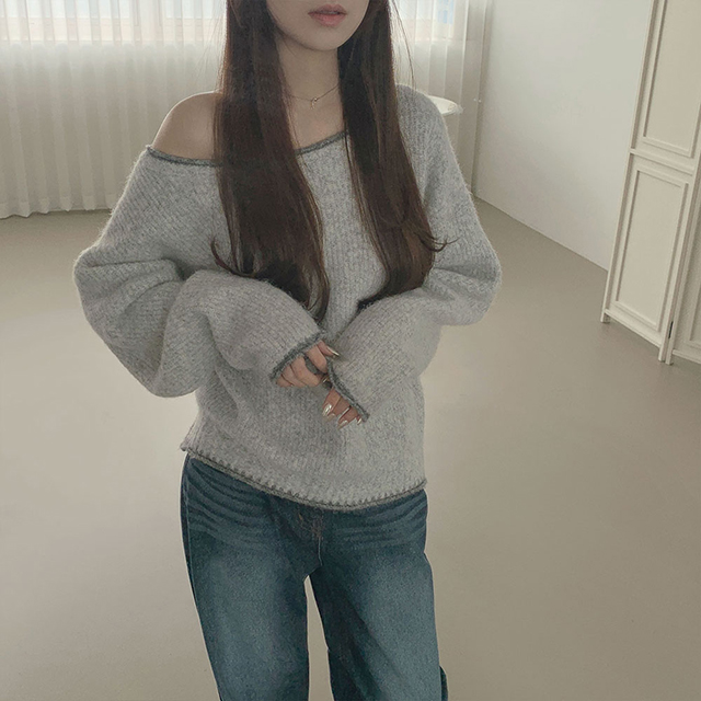 バイカラーアシンメトリーワンショルダーニット