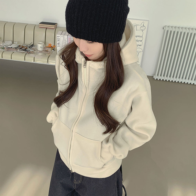 フリースハイネックフード付きジップアップ