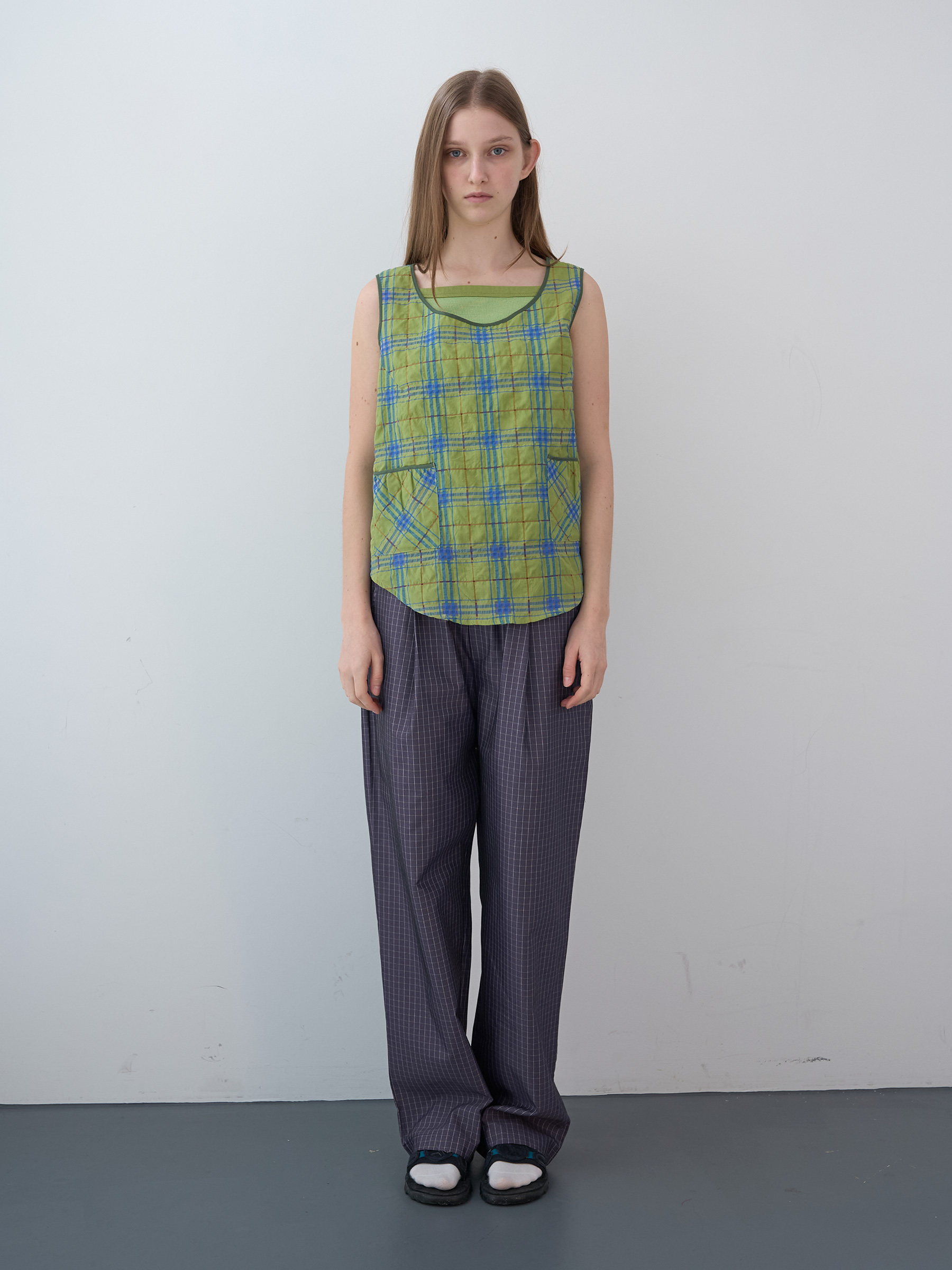 Glossy Checked Wide Banding Pants (Purple)