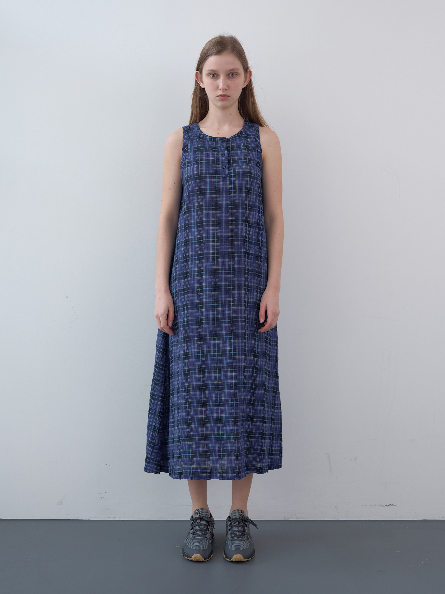 Cotton Tartan Checked Long Dress (Blue)