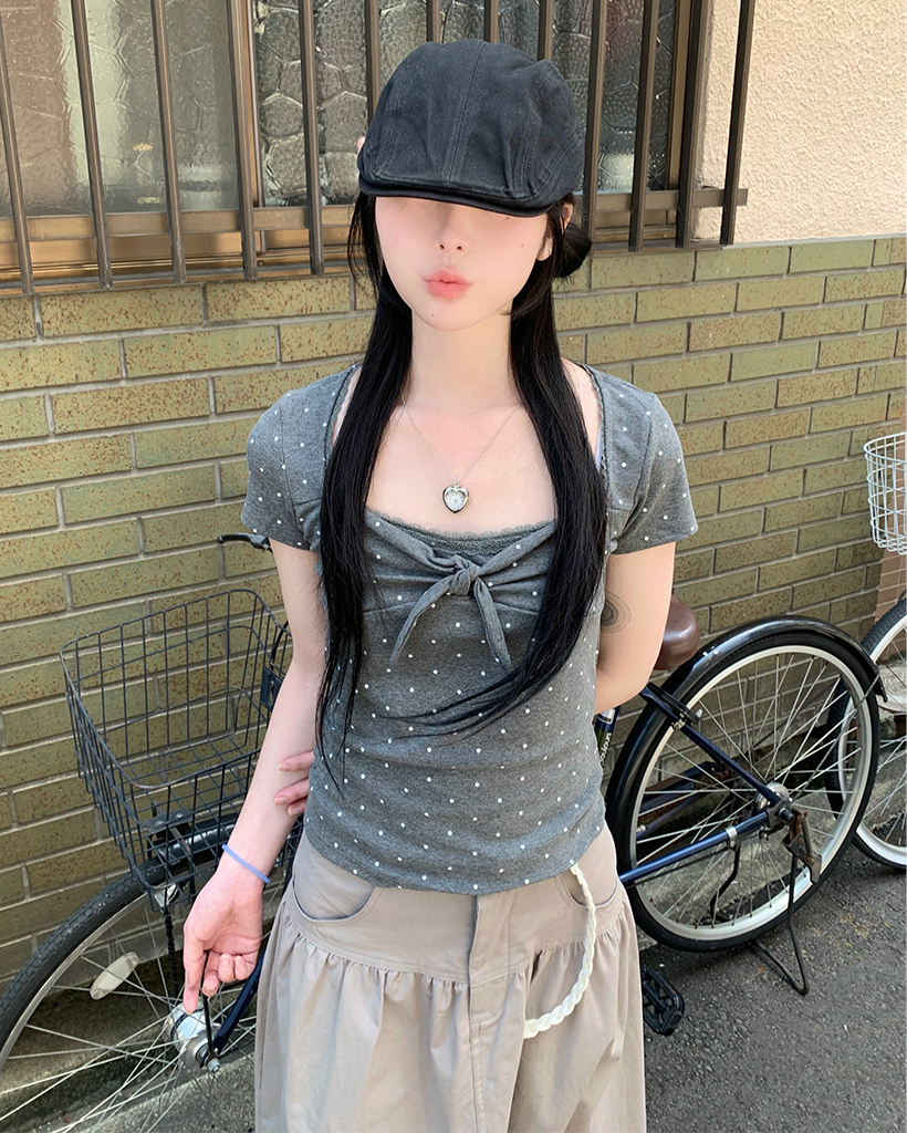 レーストリムドットフロントリボン半袖Tシャツ