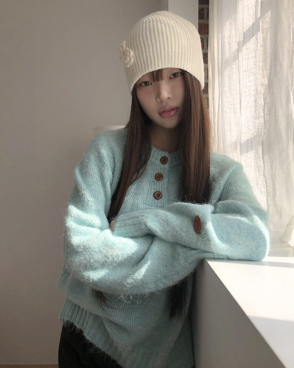 オーバーサイズヘンリーネックニット