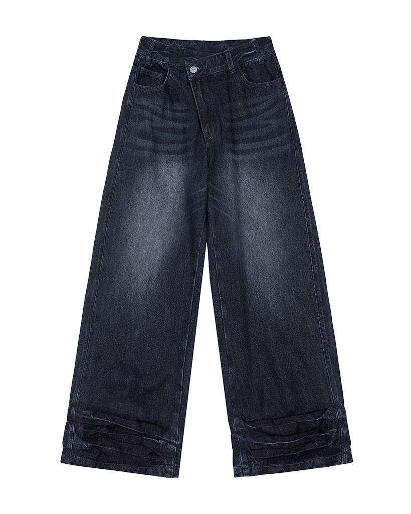 Unbalance Waist Ankle Pintuck Washing Denim Pants - INDIGO BLUE