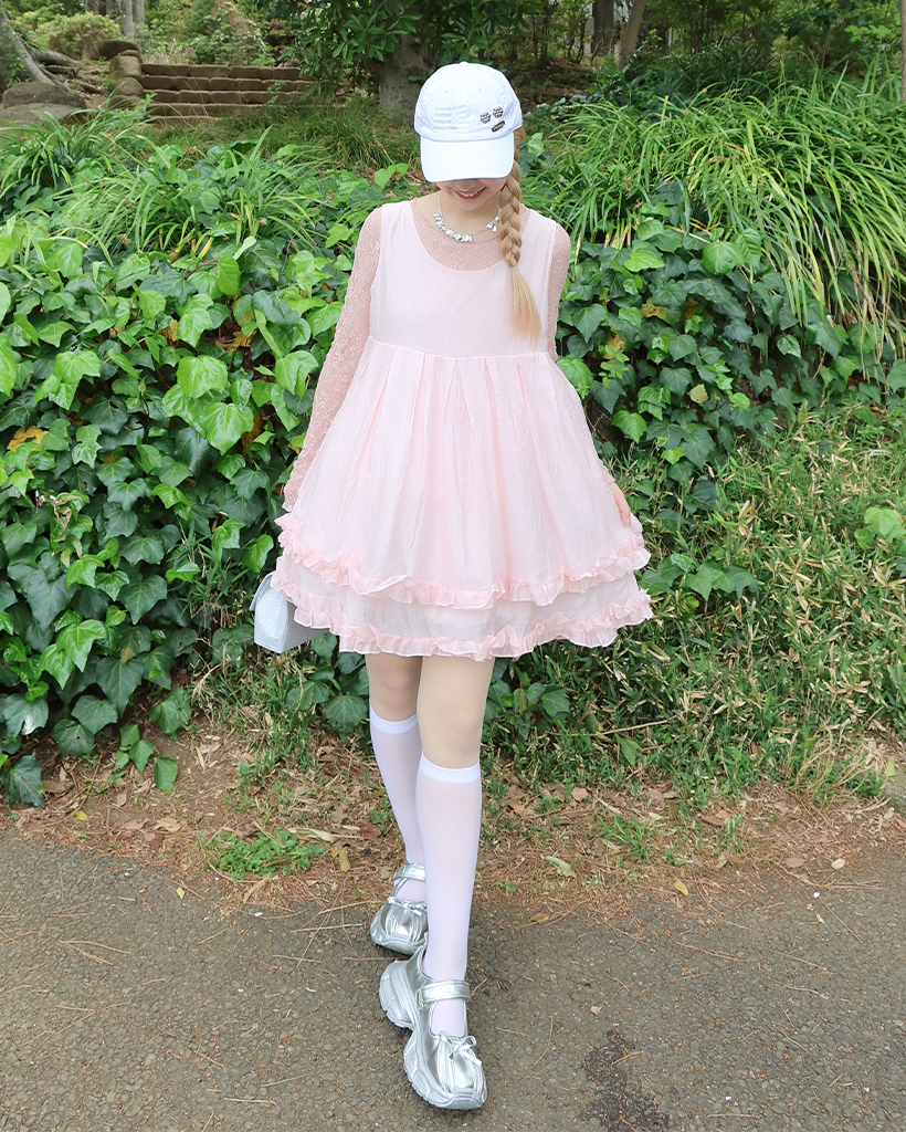 タック入りビックフリルキャミソールミニワンピース