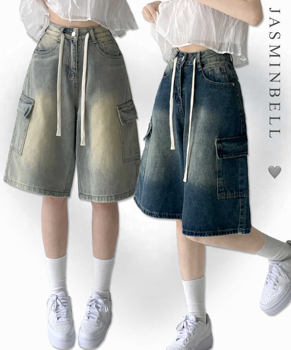 ヴィンテージウォッシュストリングカーゴデニムハーフパンツ