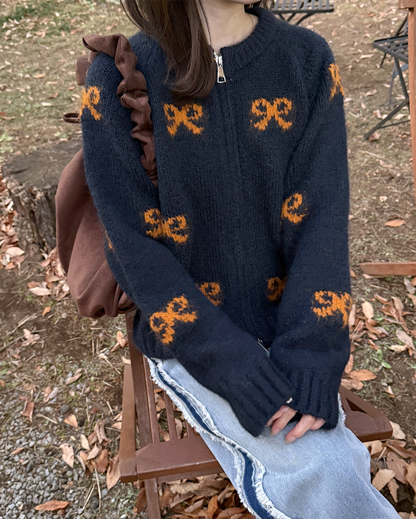 リボン2WAYニットジップアップカーディガン