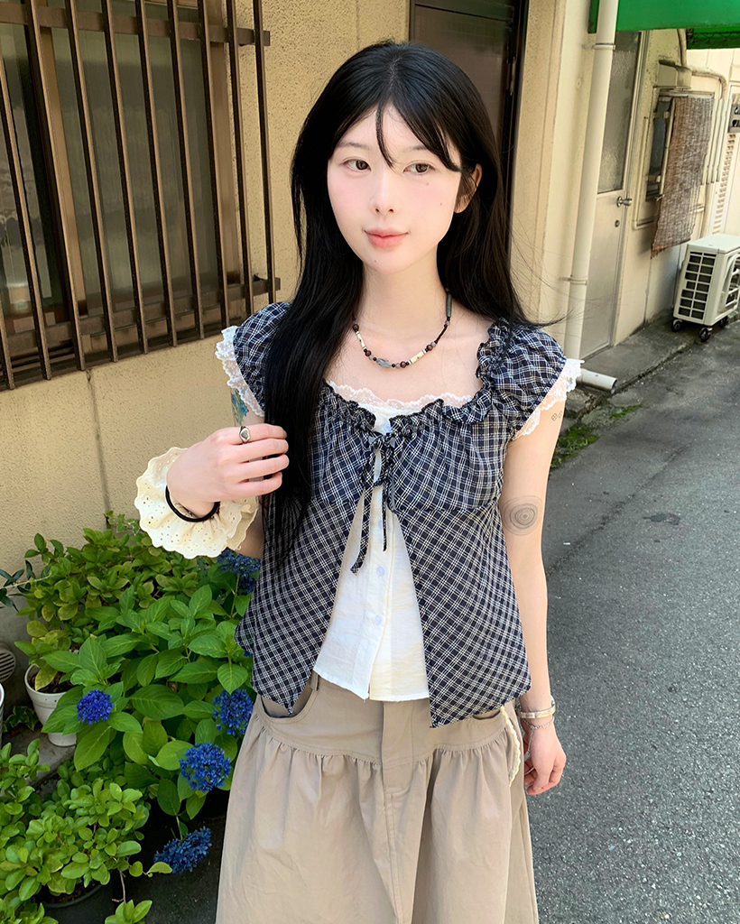 チェックレイヤードオフショルダーブラウス