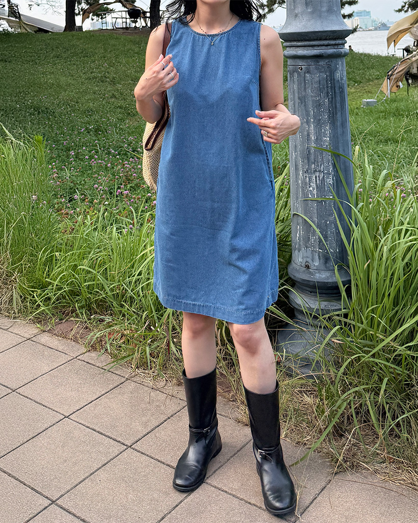 ラウンドネックデニムミディワンピース