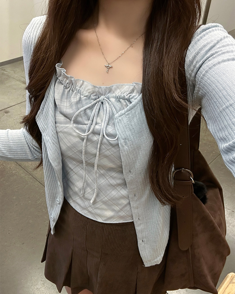 チェックスリーブレスカーディガンセット