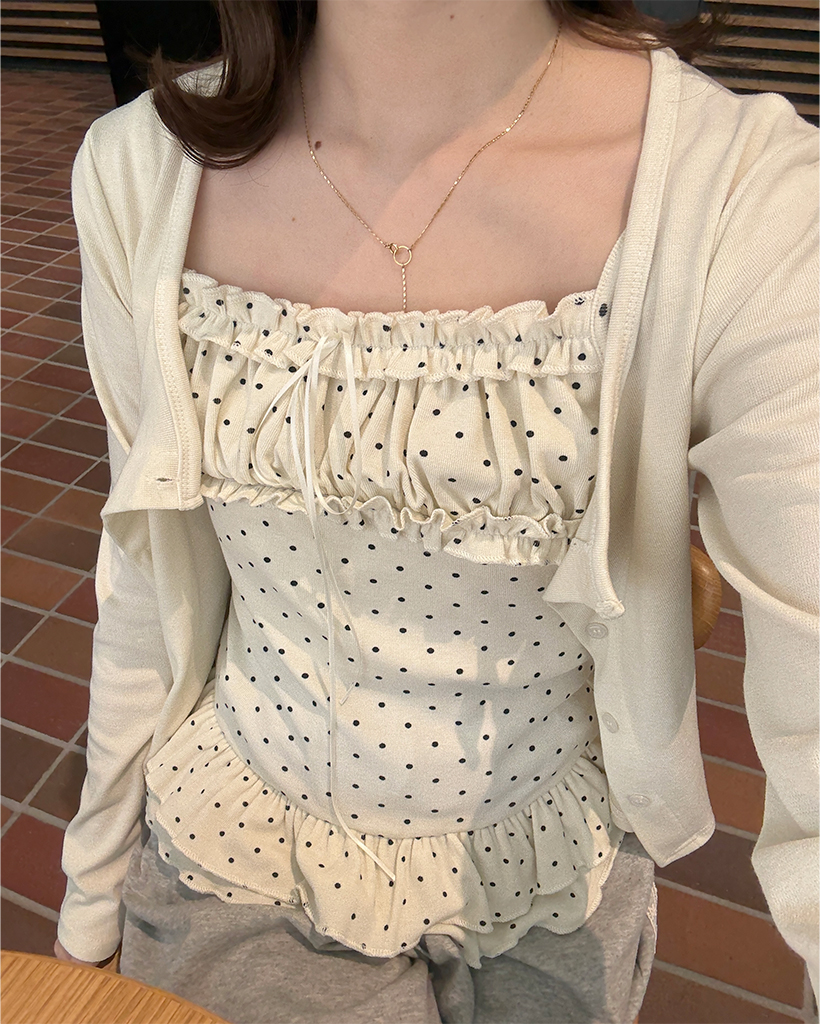 フリルドットスリーブレスカーディガンセット