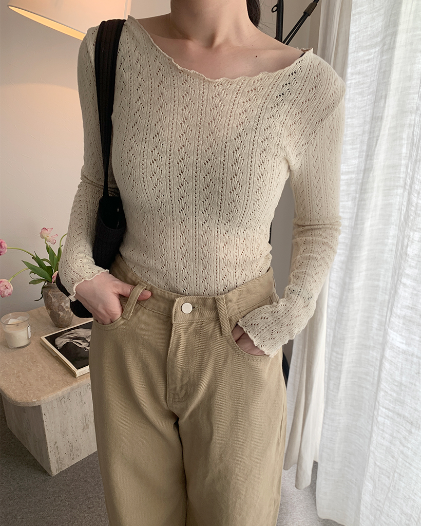 Vネックパンチングニットスリムフィットニット