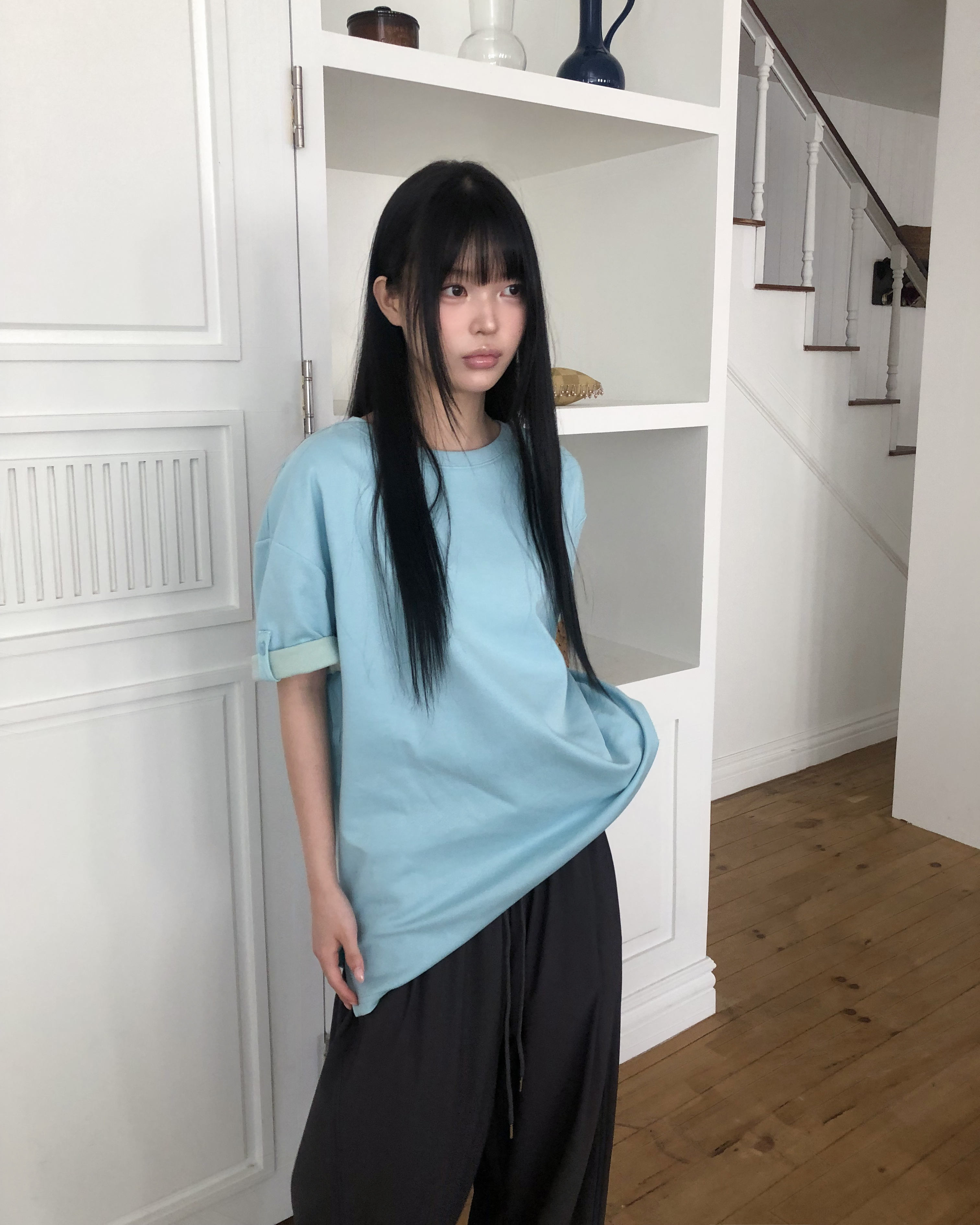 ハトム配色ロールアップ半袖Tシャツ