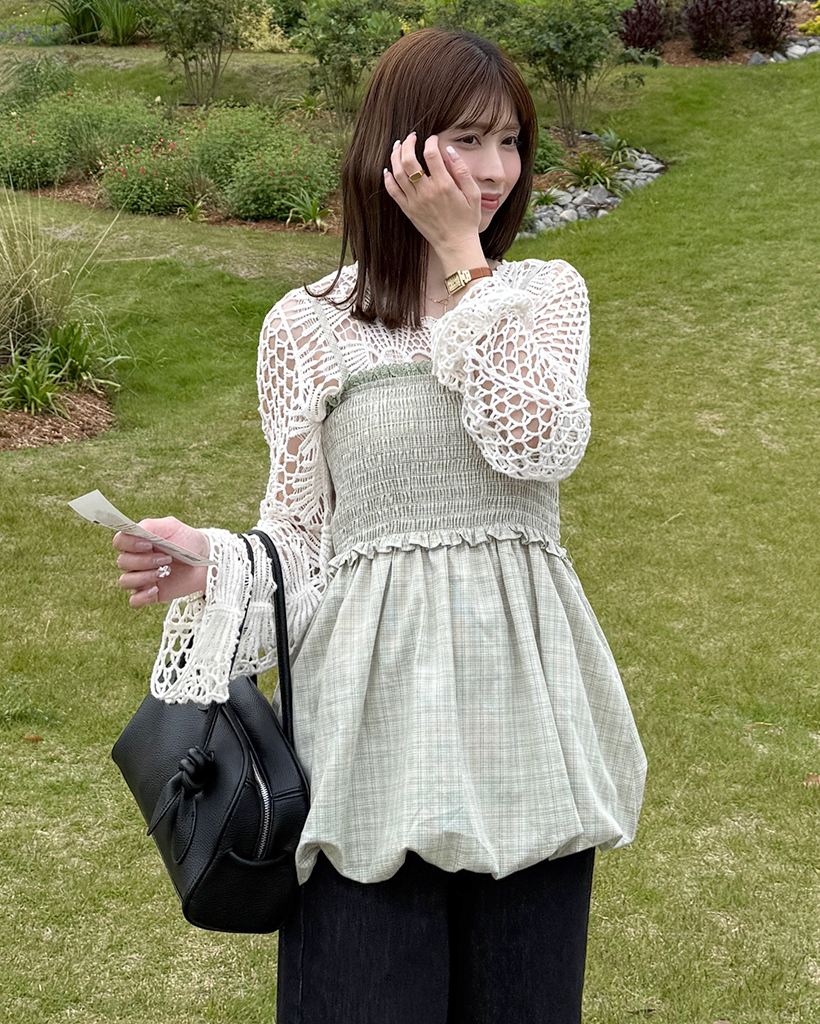 スモッキングストラップポイントチェックスリーブレス