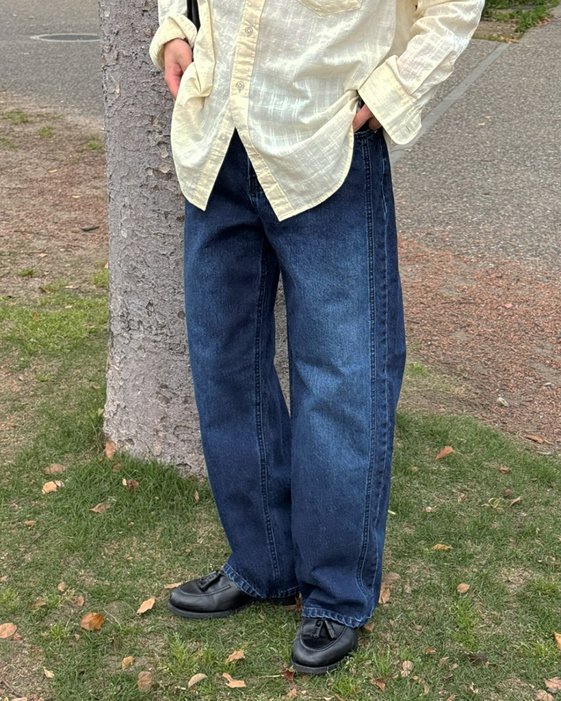 （ユニセックス）ブルーウォッシュデニムワイドパンツ