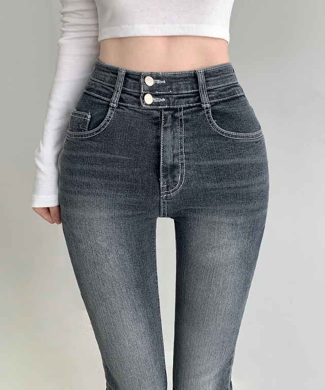 骨盤パッド]ウォッシュハイウエストツーボタンブーツカットデニム