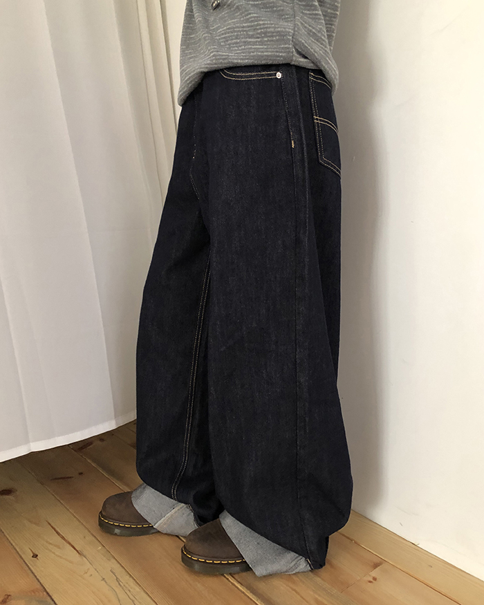 [選べる着]リジッドデニムワイドパンツ
