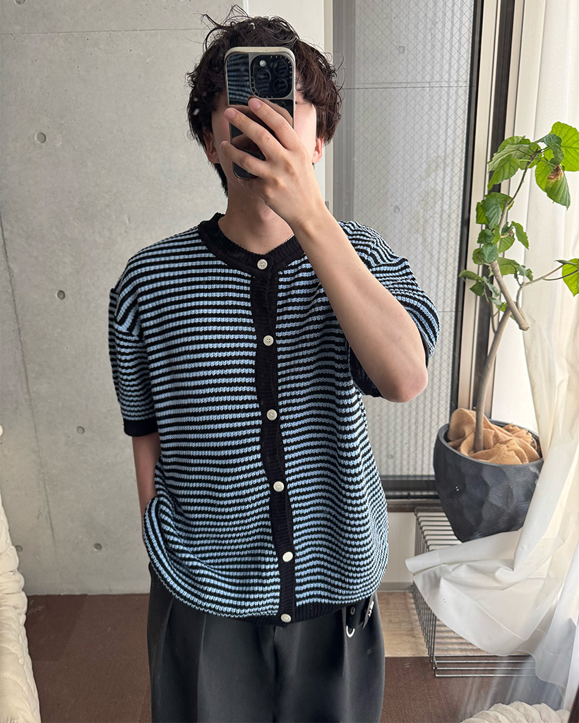 ボーダーラウンド半袖カーディガン