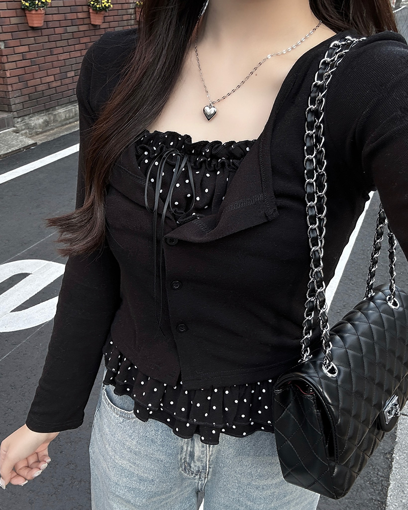 ドットフリルノースリーブ＆カーディガンセット