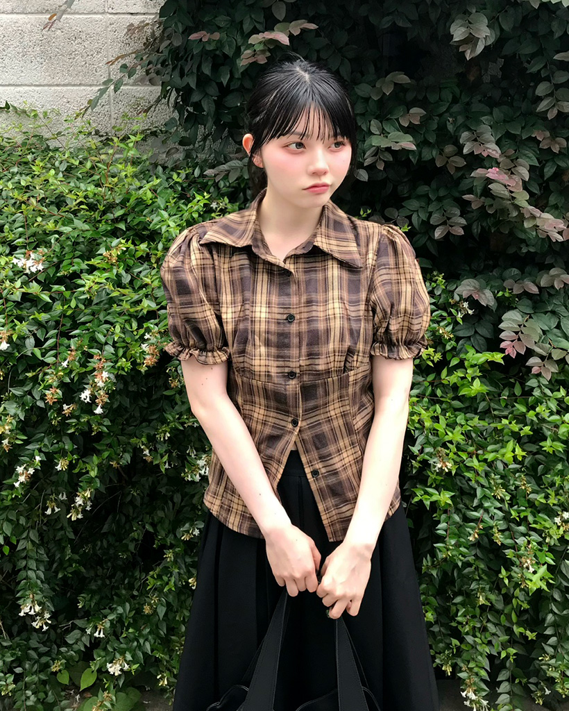 ブラウン系チェック パフスリーブブラウス ems エムズエキサイト ブラウン チェック柄 パフスリーブ