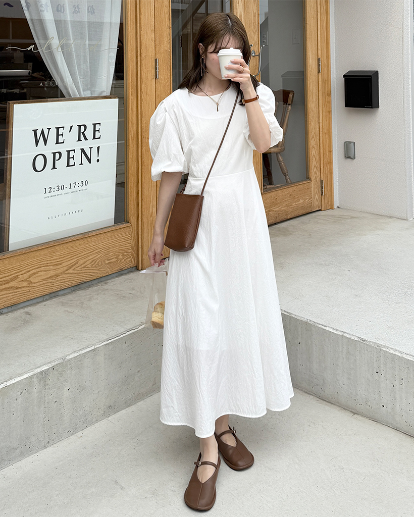 ラウンドネックパフロングワンピース