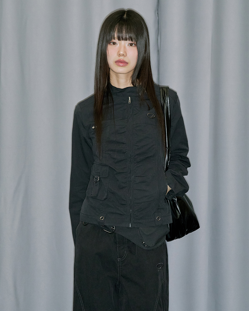 Signature Shirring Cotton Biker Jacket - BLACK