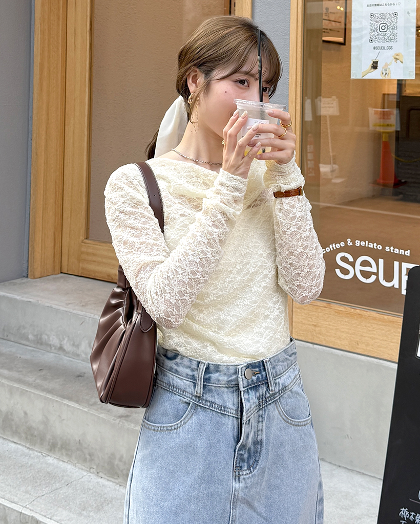 シースルーレースドレープTシャツ