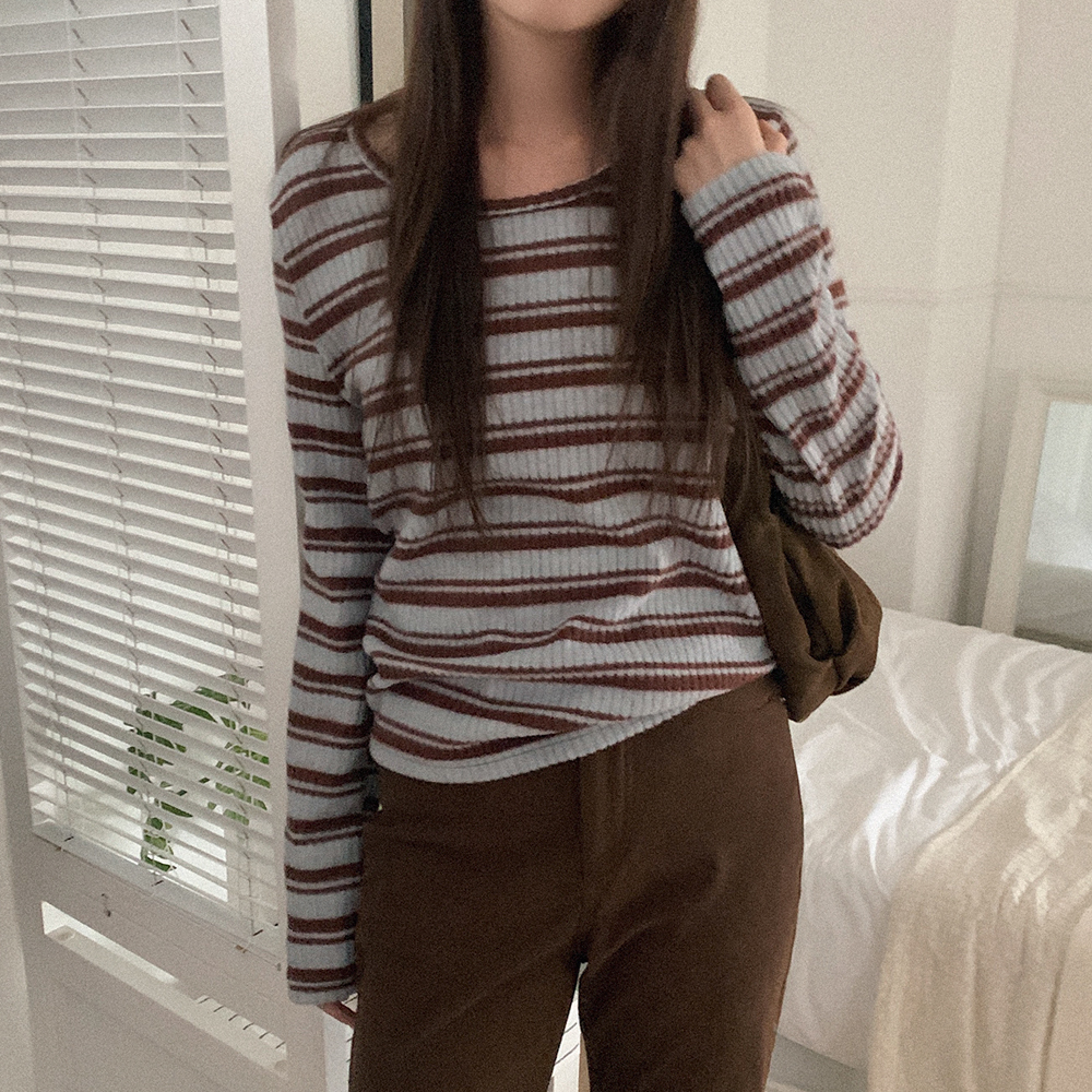 ピーチ起毛 ボーダー柄 Uネック Tシャツ