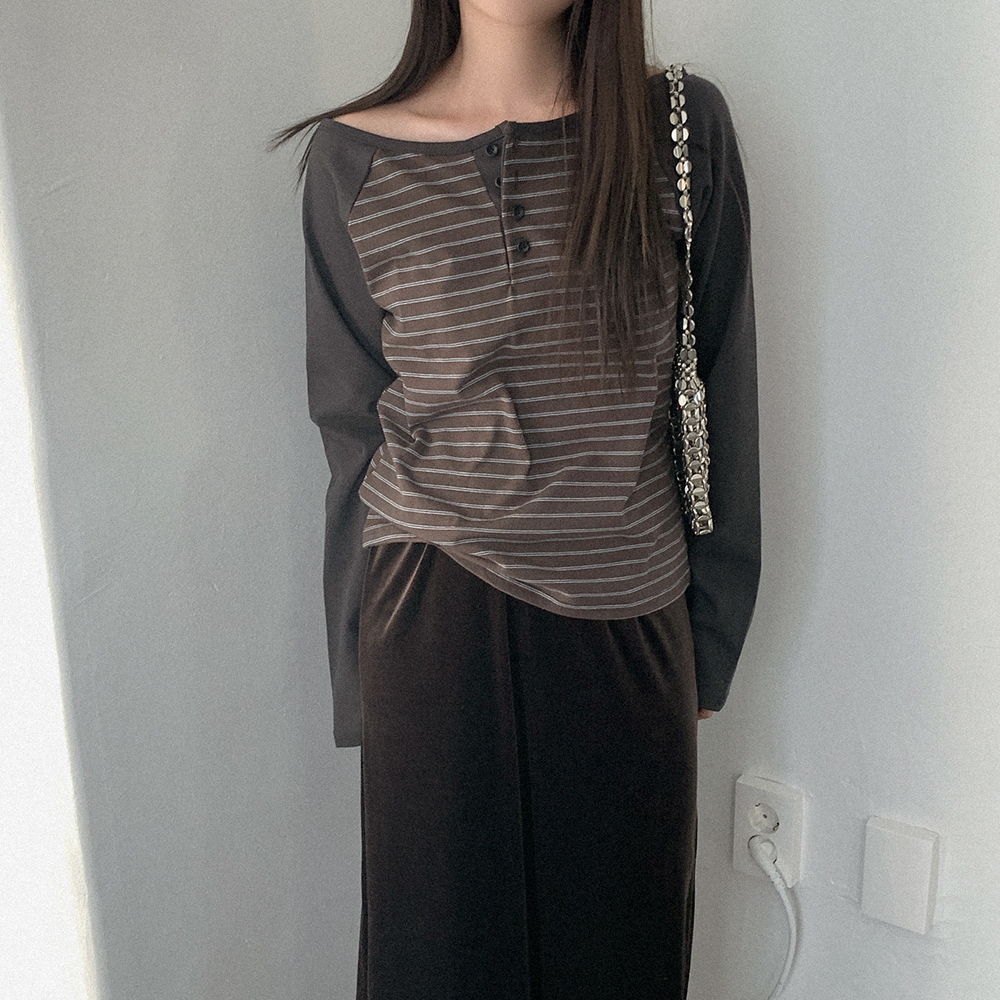 裏起毛 ラグラン ボタン付き ボートネック Tシャツ