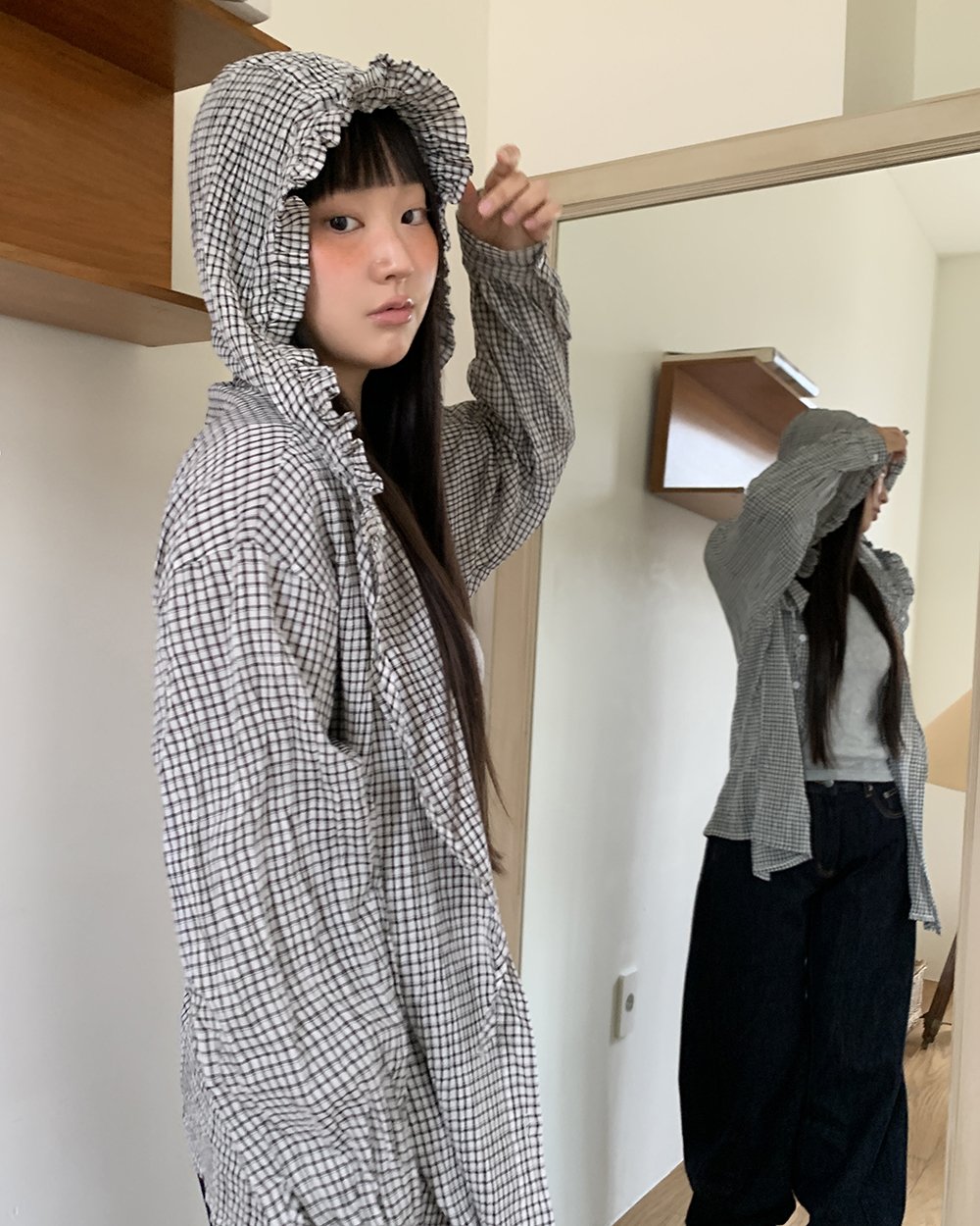 フリルチェックフード付き長袖シャツ