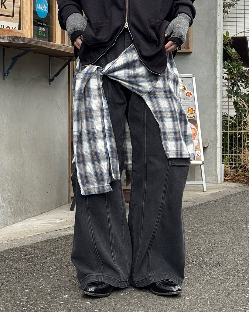 (ユニセックス)チェックシャツレイヤードデニムパンツ