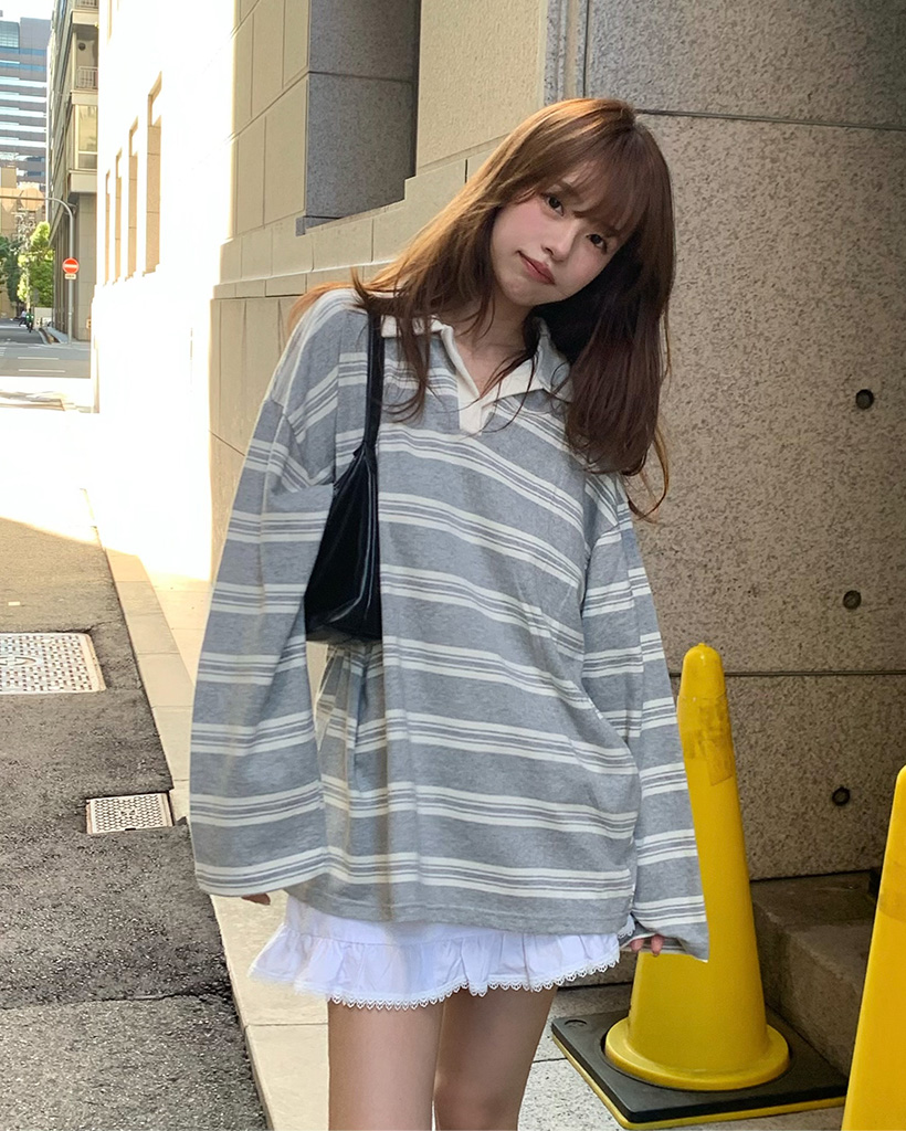 VネックトリプルボーダーロングTシャツ