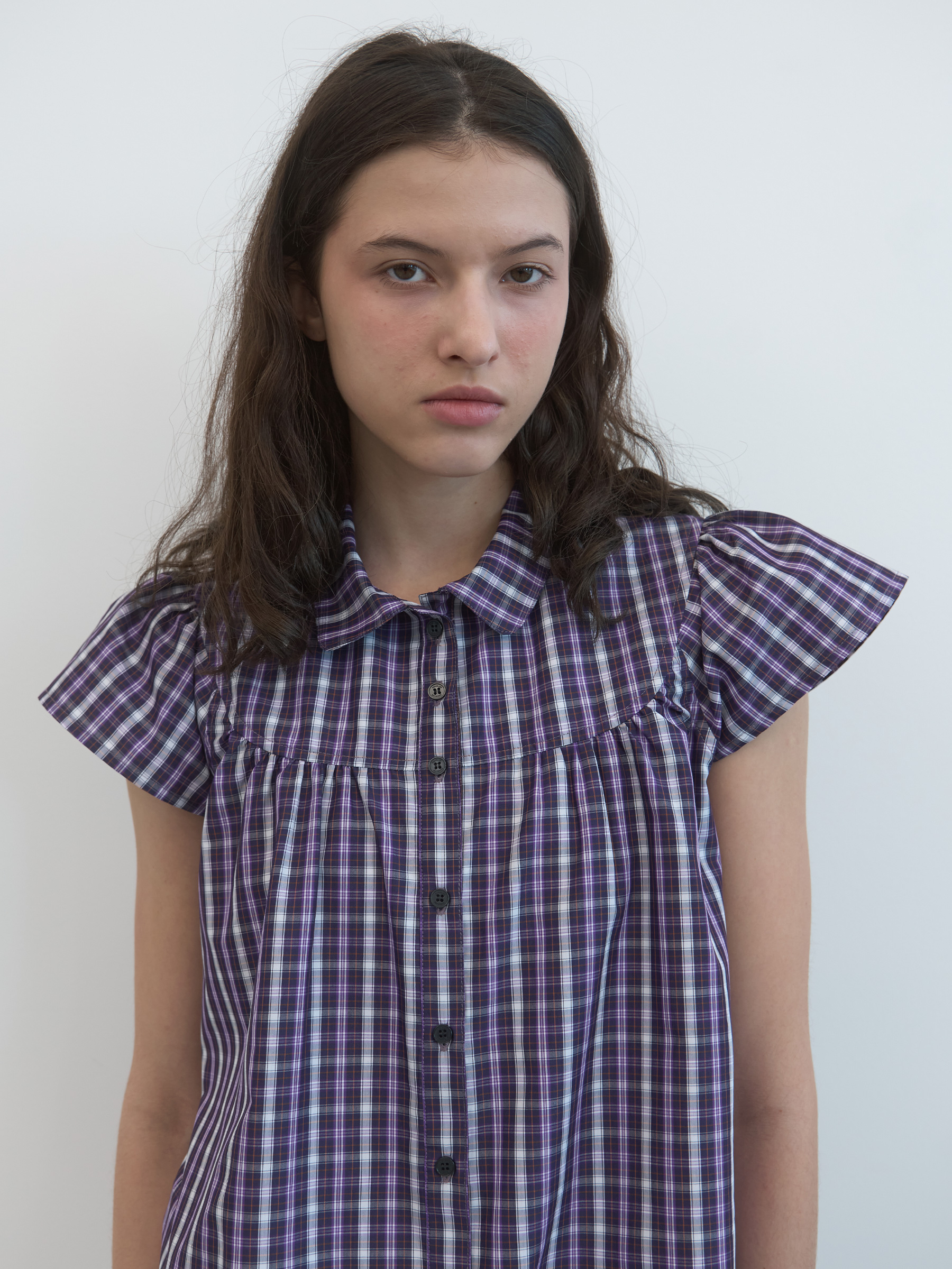Checked Cap Sleeve Shirt (Purple Check)