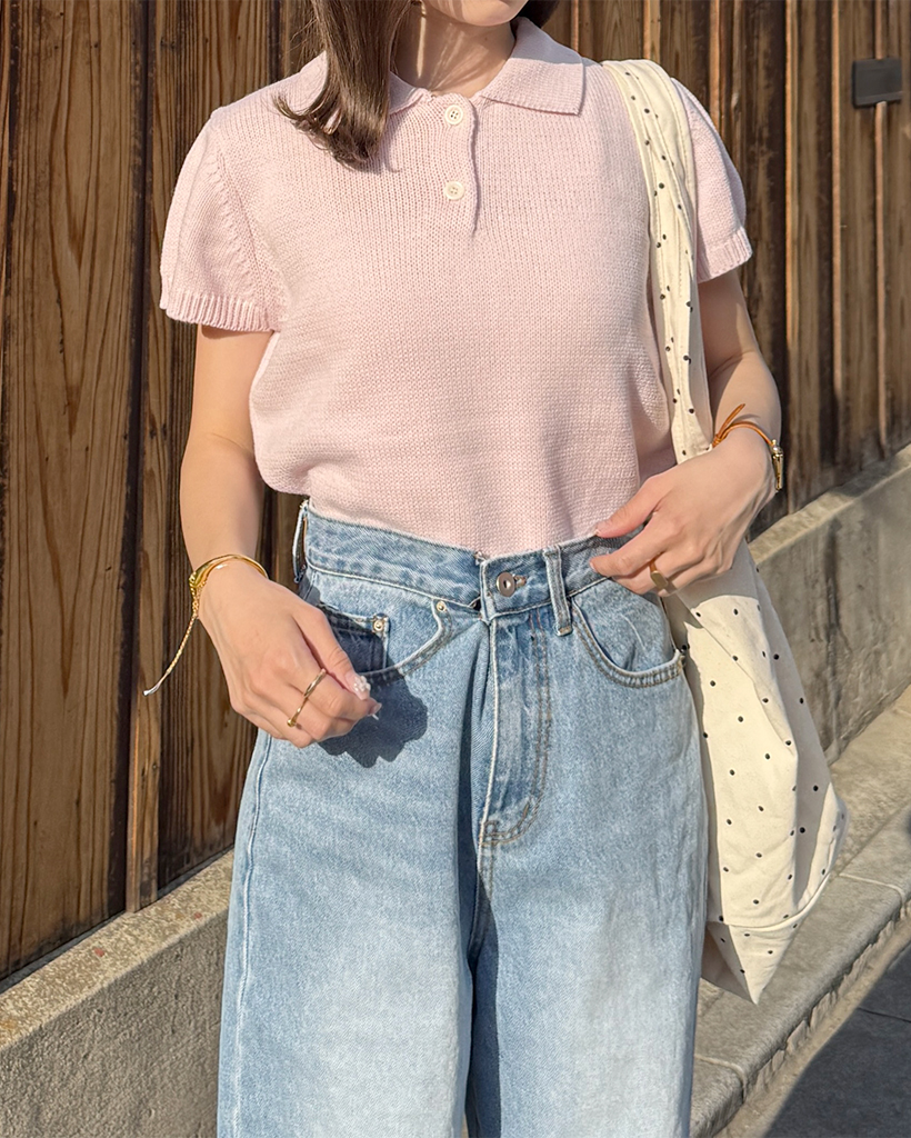 カラーボタンポイント半袖ニット