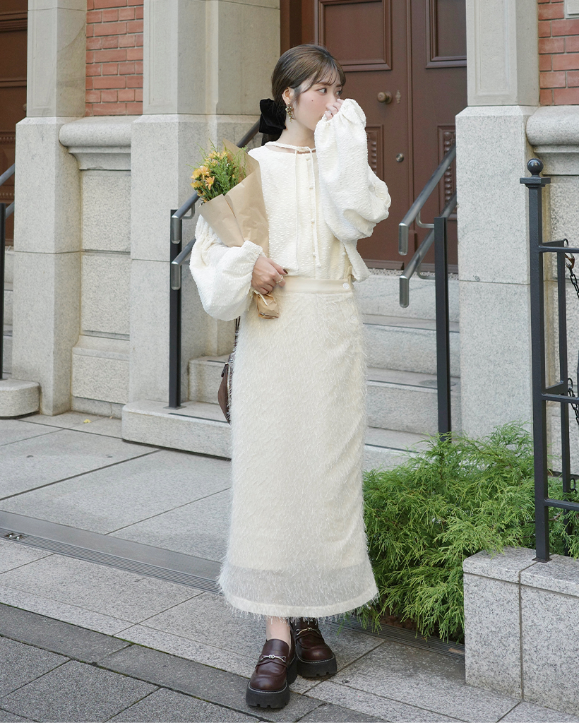 (ORIGINAL) フリンジトゥインクルボタンロングスカート