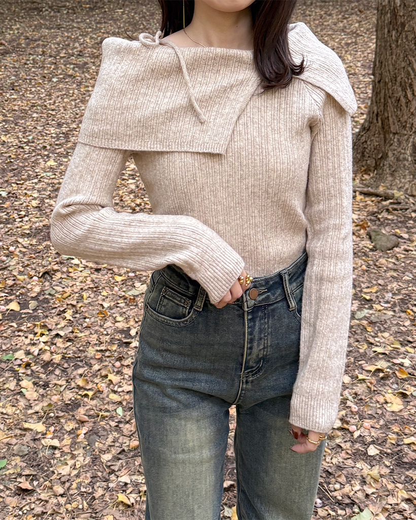 アンバランスショルダーストラップリブニット