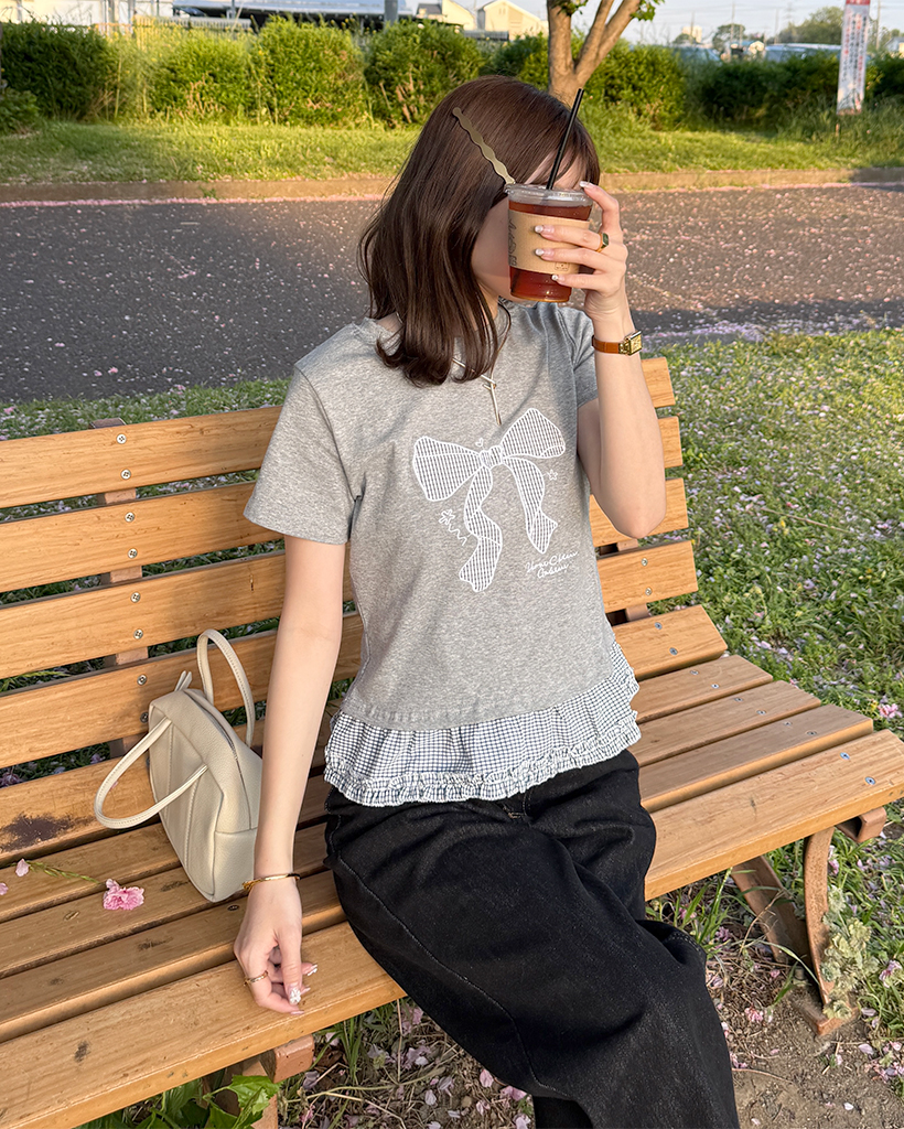 チェックリボンフリル半袖Tシャツ