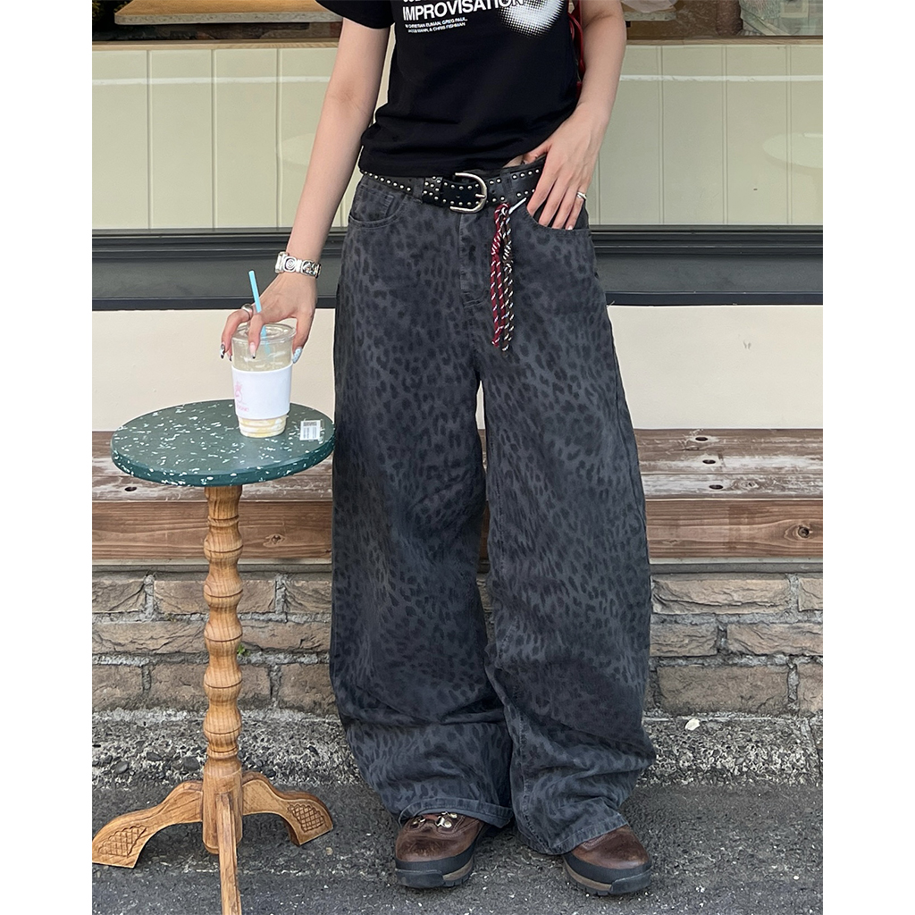 Jaded London ブラック レオパード柄 ワイドパンツ Jaded london(ジェイデッドロンドン) レオパードデニムパンツ