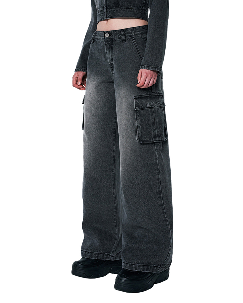 Sand Washing Cargo Wide Denim Pants - black