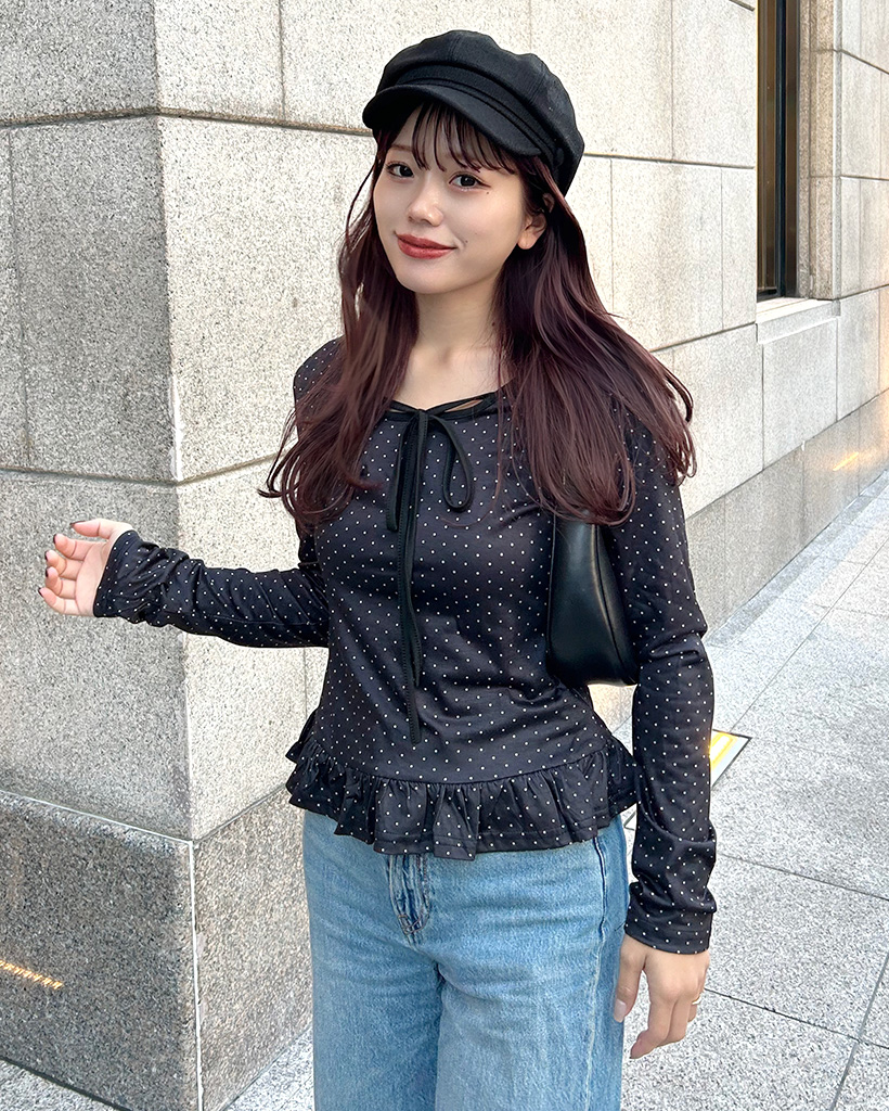 リボンタイドットフリルTシャツ | ファッション通販サイト NUGU