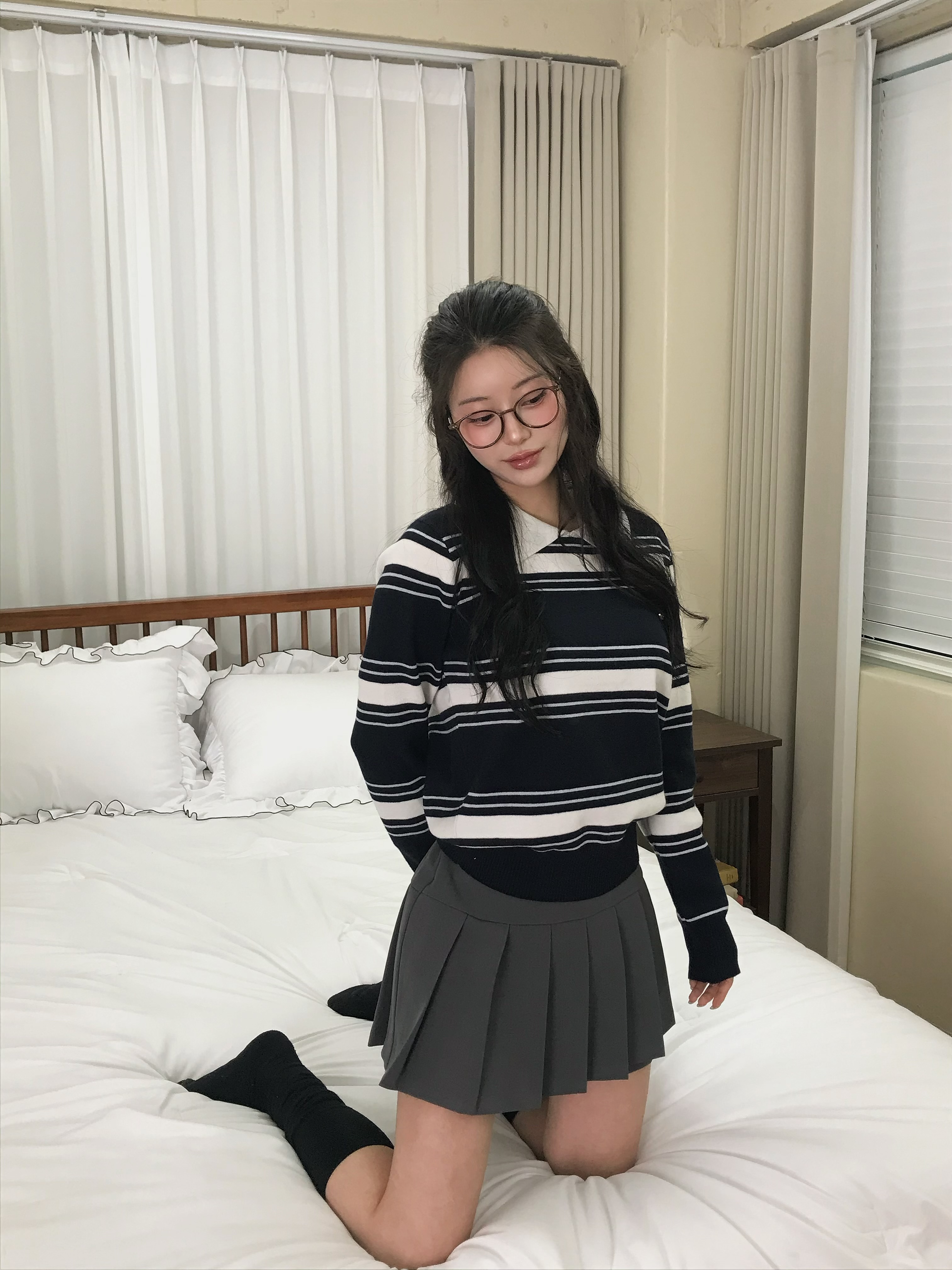 [Influencer pick] Lucen Stripe Contrast Collar Long Sleeve Knit