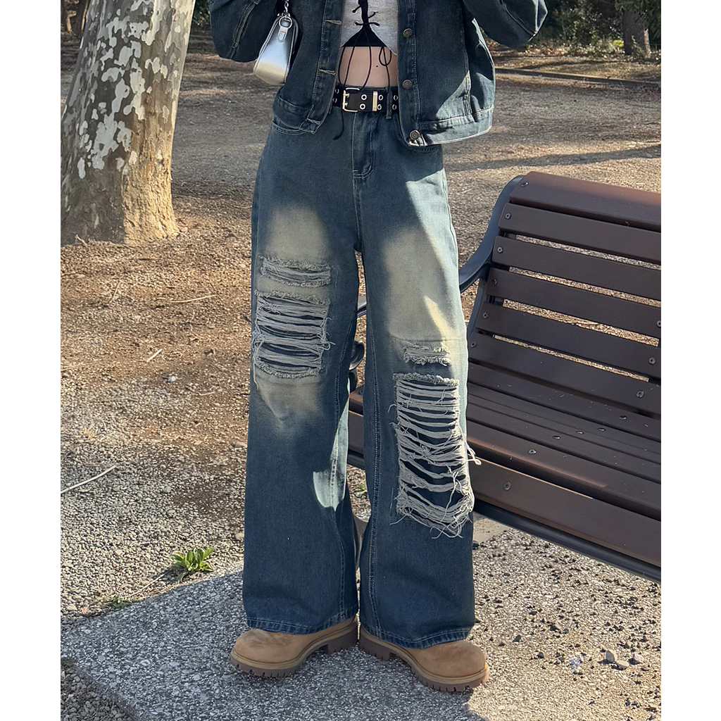 ヴィンテージユニークダメージデニムパンツ