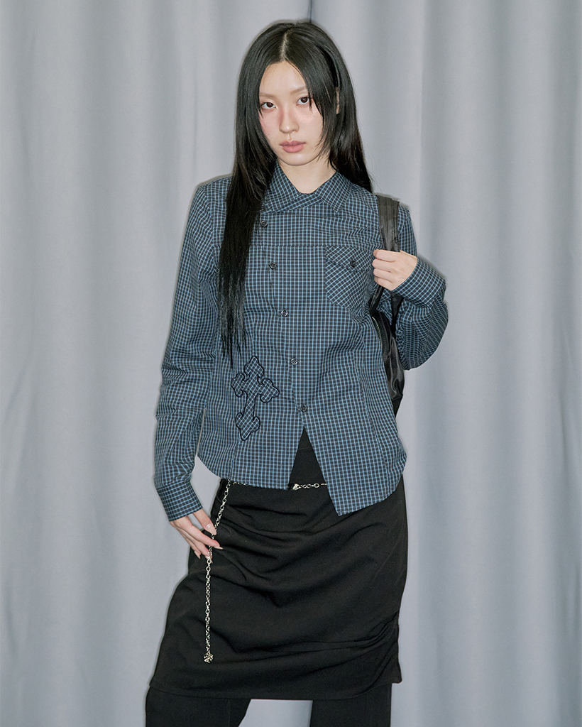 Cross Applique Slimfit Check Shirt - NAVY
