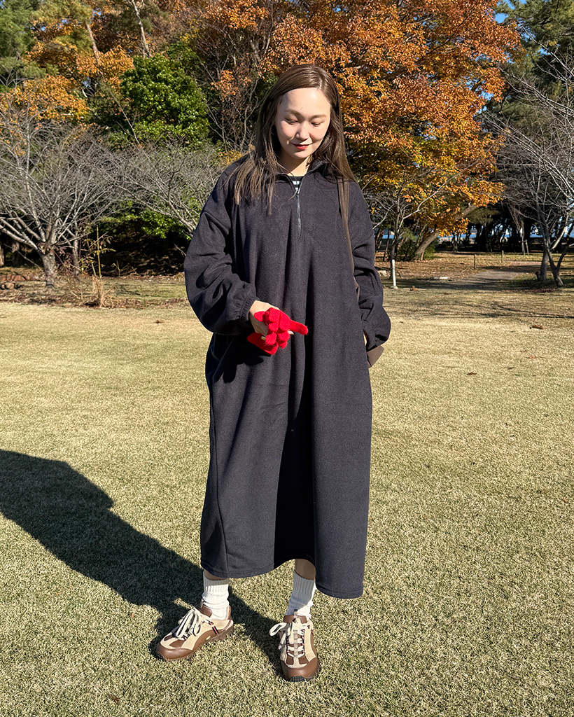 フリースハーフジップアップロングワンピース