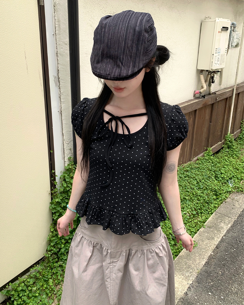 バイカラードットフリルパフスリーブ Tシャツ