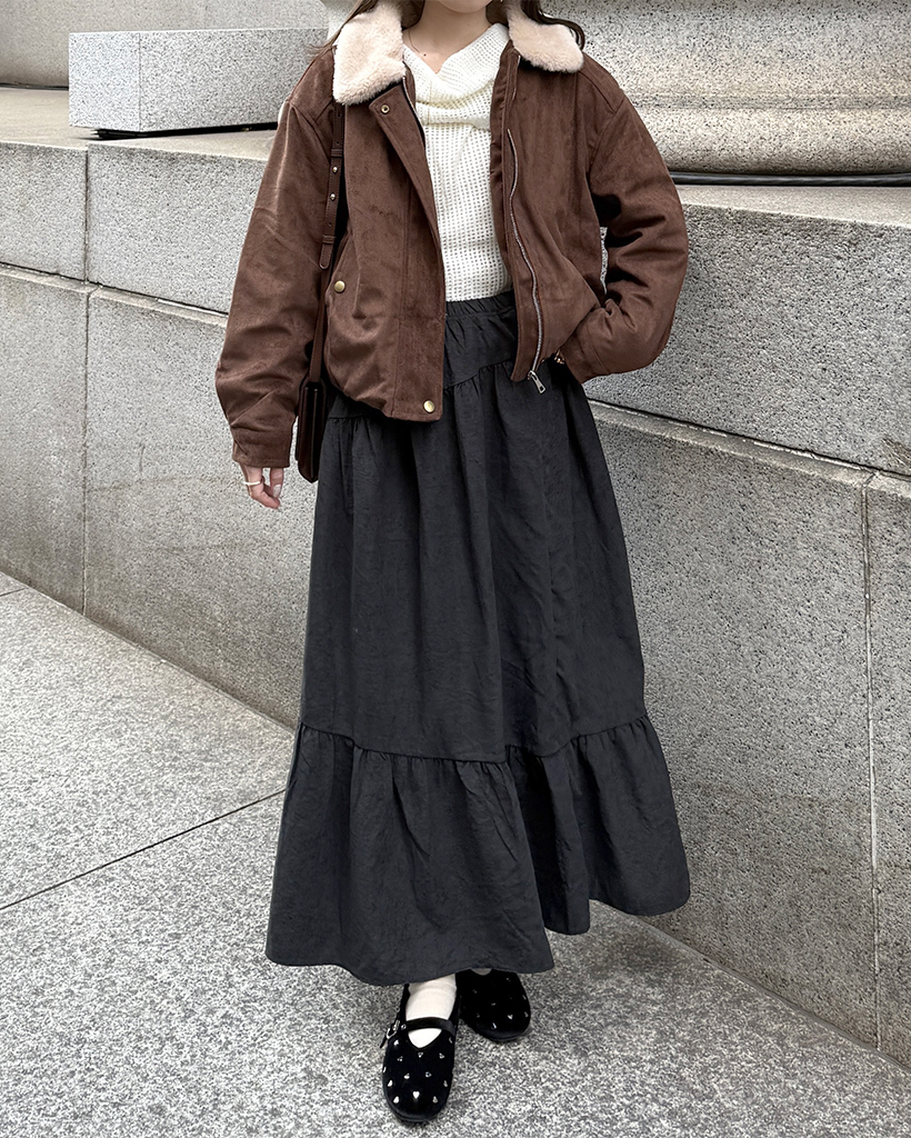 スエード斜め切り替えティアードロングスカート