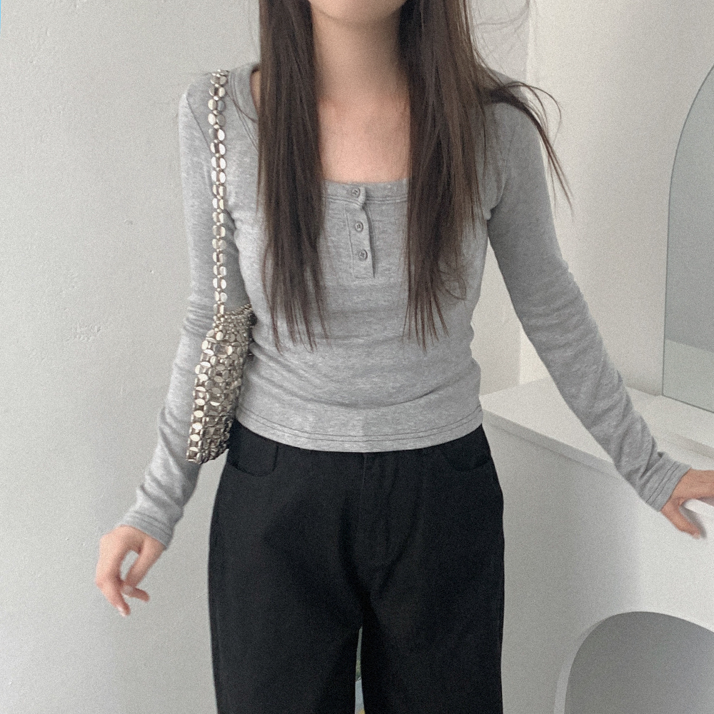 裏起毛 Uネック ボタン付き Tシャツ