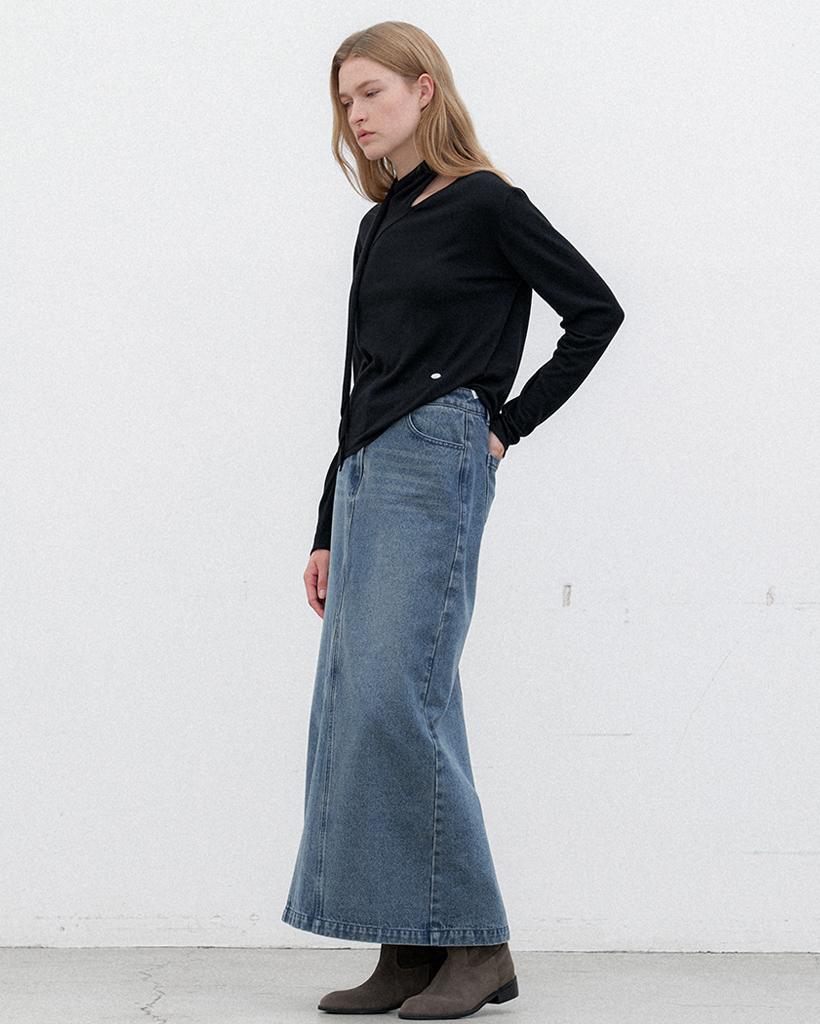 (SK-5040)SLIT POINT DENIM MAXI SKIRT