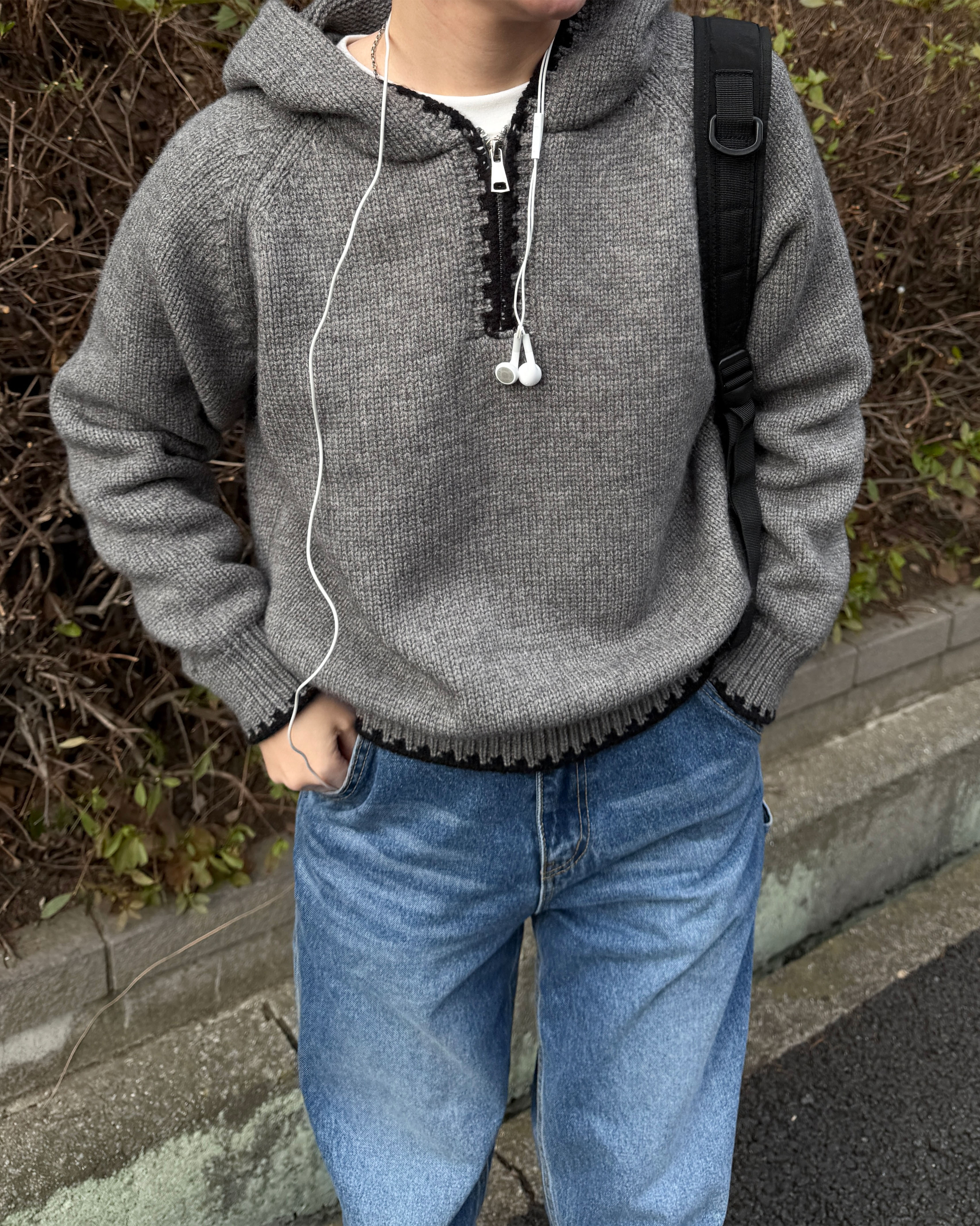 バイカラー ニットハーフジップパーカー