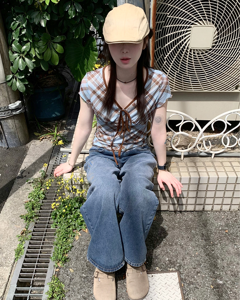 チェック柄カッティングディテールブラウス