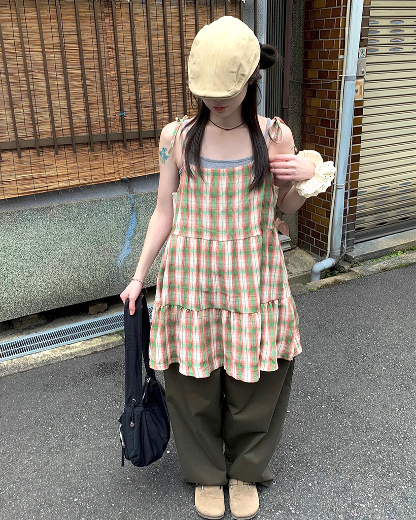 チェックキャミストラップミニワンピース